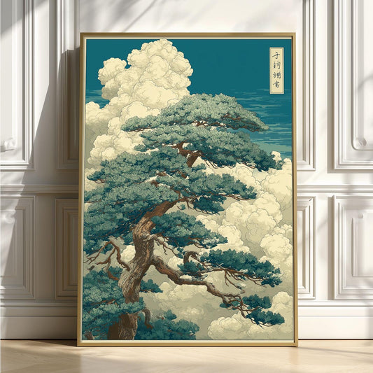 Japanese Pine Tree Poster | Woodblock Art Print | Cloud Landscape Wall Art | Zen Decor