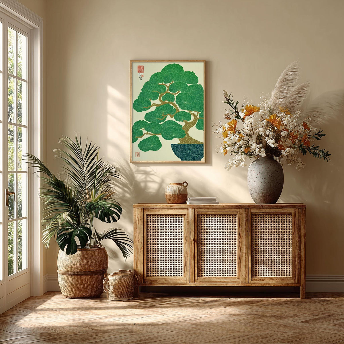 Bonsai Tree Art Print | Japanese Botanical Poster | Green Wall Art | Zen Home Decor