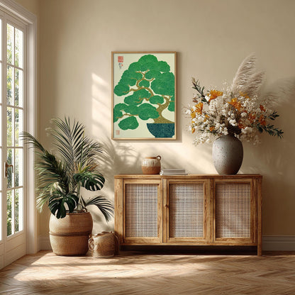 Bonsai Tree Art Print | Japanese Botanical Poster | Green Wall Art | Zen Home Decor