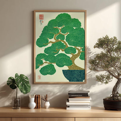 Bonsai Tree Art Print | Japanese Botanical Poster | Green Wall Art | Zen Home Decor