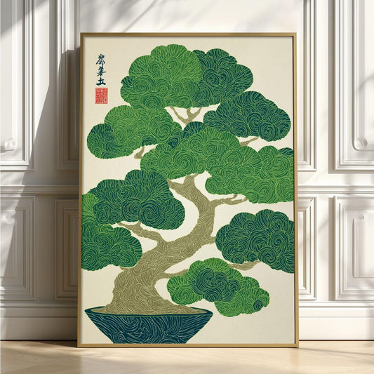 Bonsai Tree Poster, Japanese Botanical Art Print, Green Wall Art, Zen Home Decor