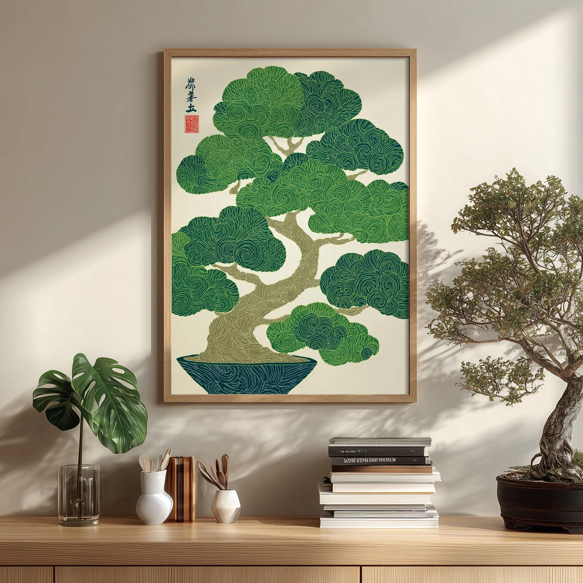Bonsai Tree Poster, Japanese Botanical Art Print, Green Wall Art, Zen Home Decor
