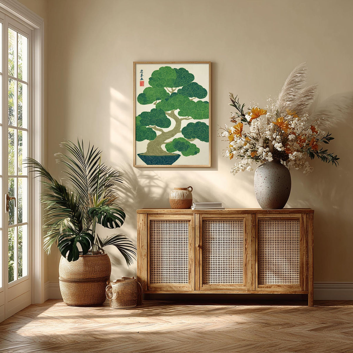 Bonsai Tree Poster, Japanese Botanical Art Print, Green Wall Art, Zen Home Decor
