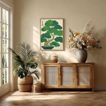 Bonsai Tree Poster, Japanese Botanical Art Print, Green Wall Art, Zen Home Decor