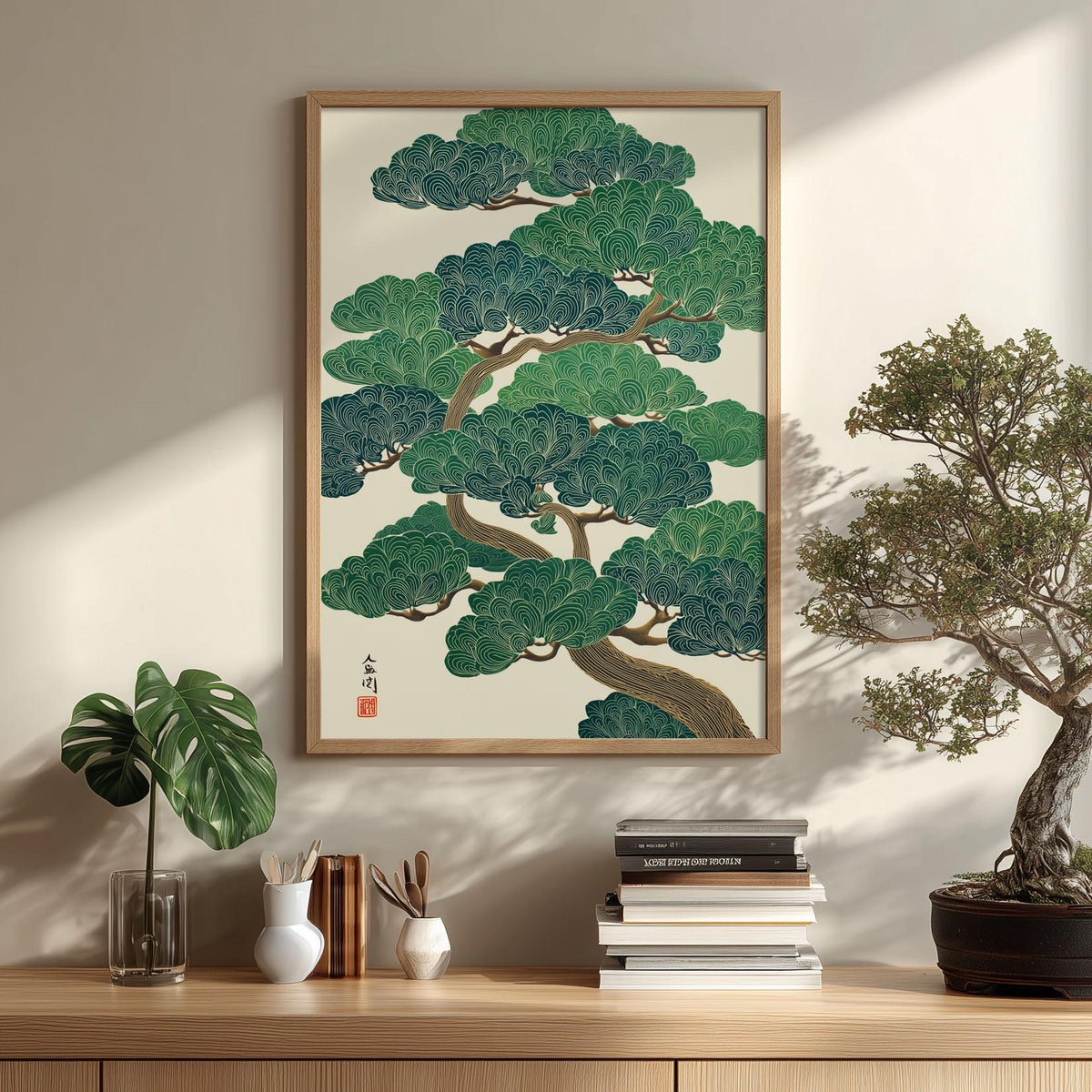Green Bonsai Poster | Japanese Tree Art Print | Botanical Wall Art | Zen Decor