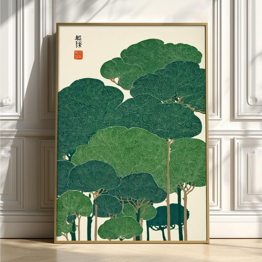Green Forest Wall Art | Japanese Tree Poster | Botanical Art Print | Zen Nature Decor