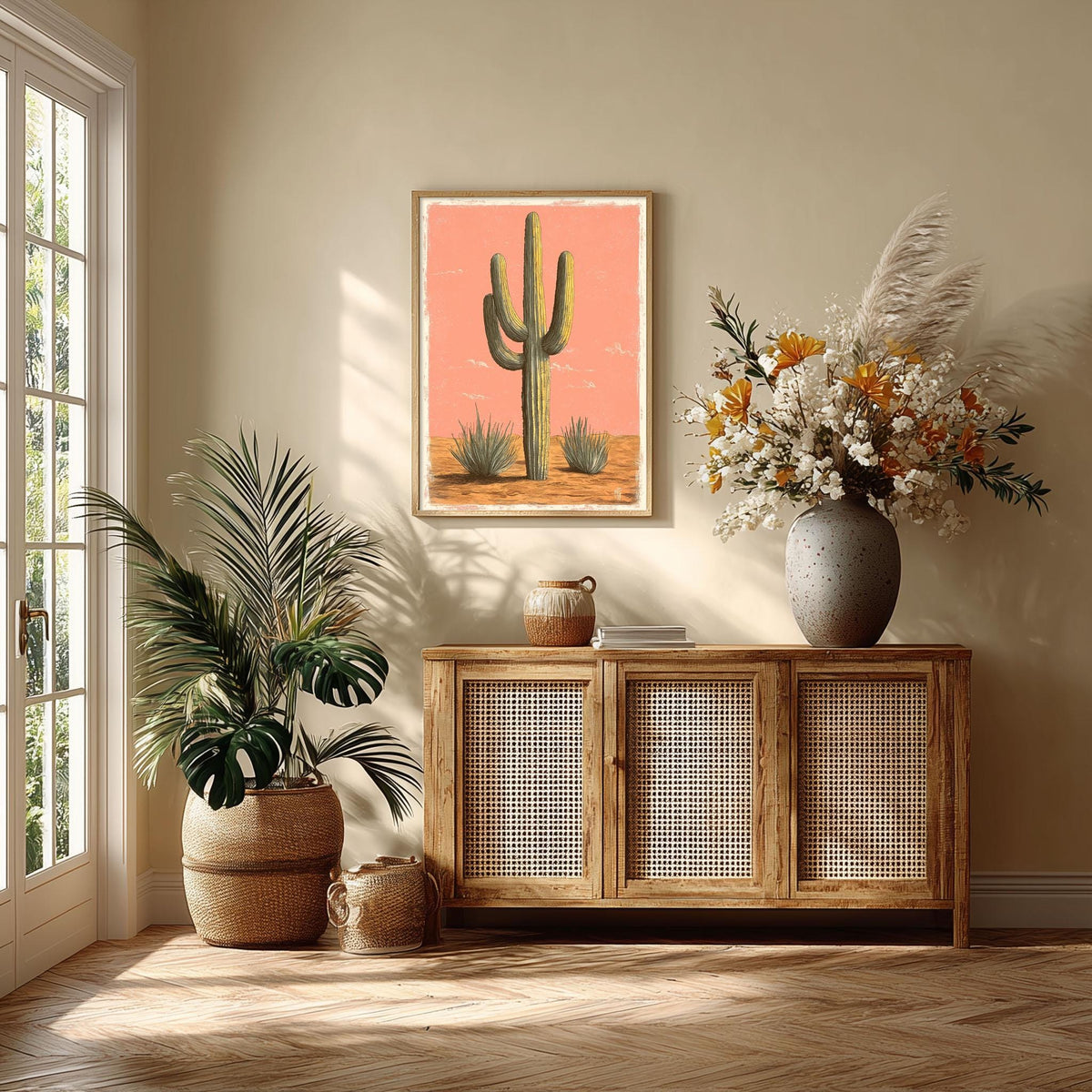 Cactus Poster, Desert Botanical Art Print, Southwestern Wall Art, Pink Boho Decor