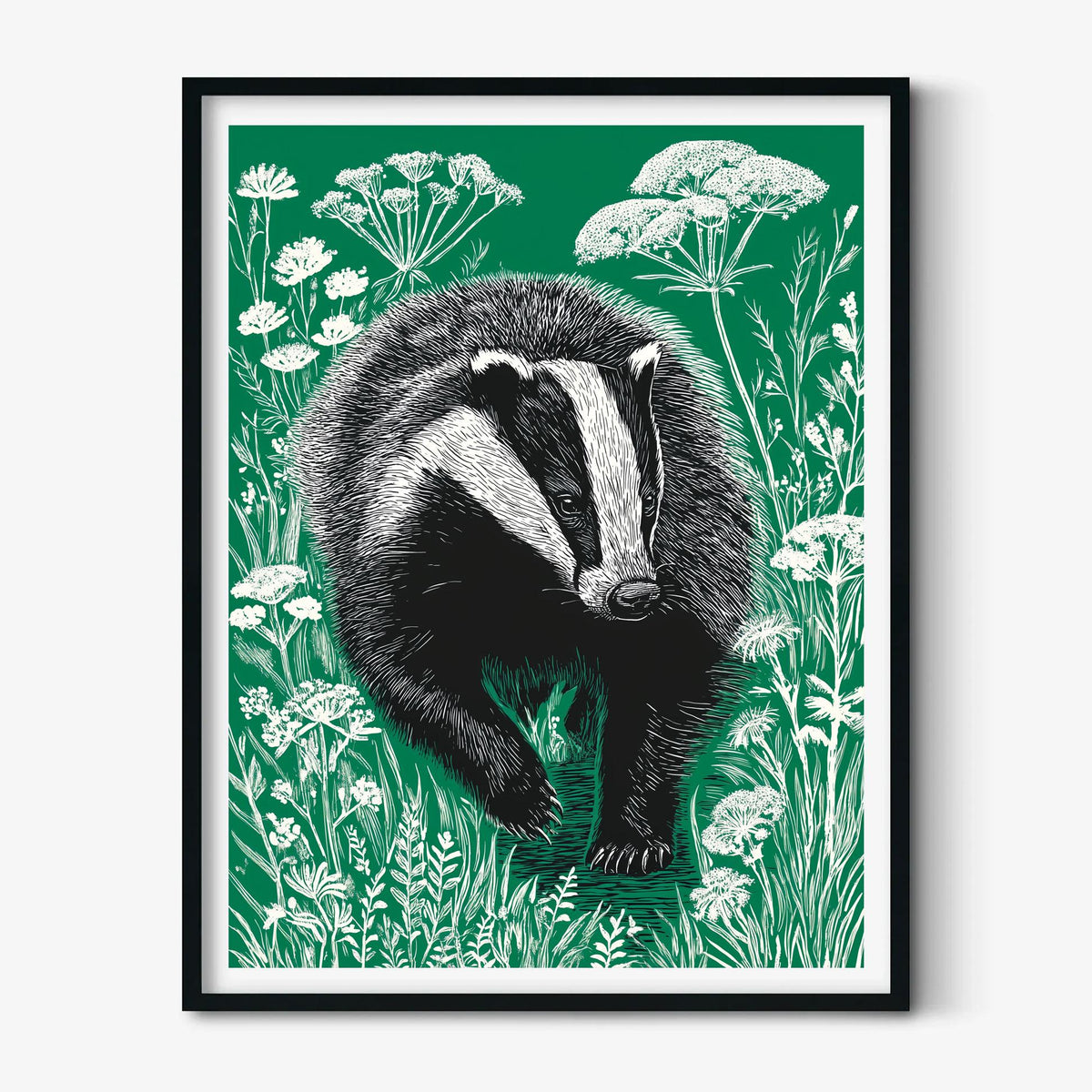 Green Badger Poster | Linocut Wildlife Art | Woodland Folk Illustration