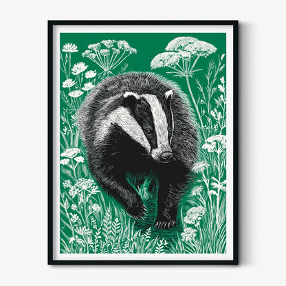 Green Badger Poster | Linocut Wildlife Art | Woodland Folk Illustration