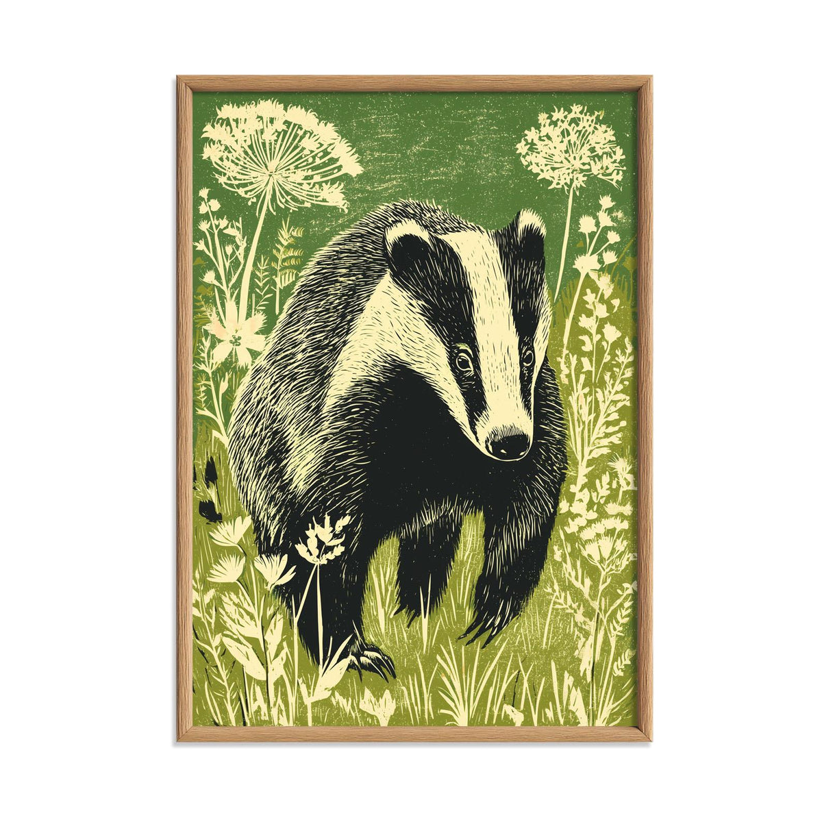 Badger Poster, Woodland Animal Art Print, Botanical Nature Illustration