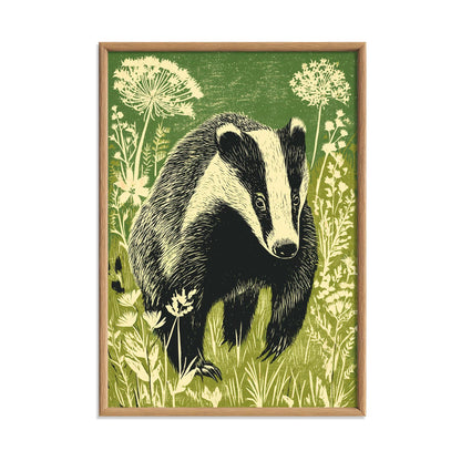 Badger Poster, Woodland Animal Art Print, Botanical Nature Illustration