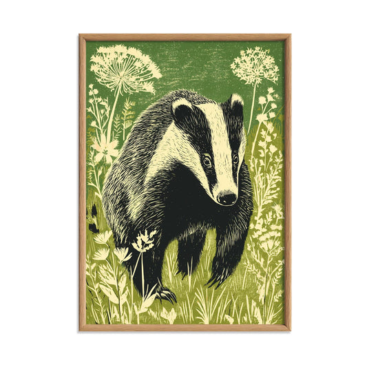 Badger Poster, Woodland Animal Art Print, Botanical Nature Illustration