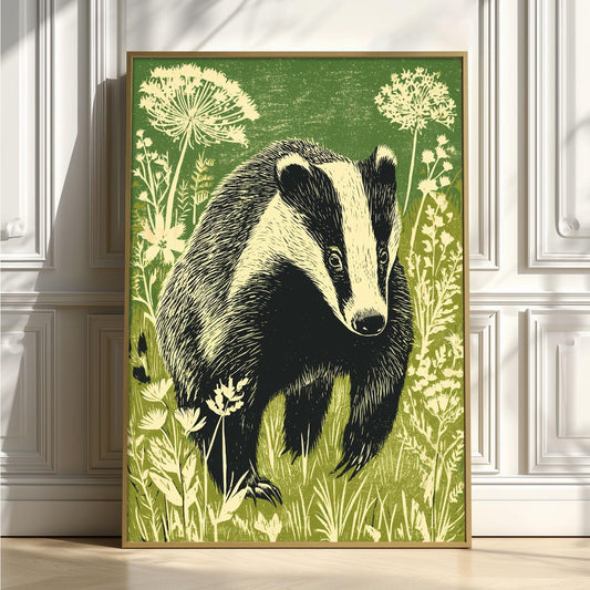 Badger Poster, Woodland Animal Art Print, Botanical Nature Illustration