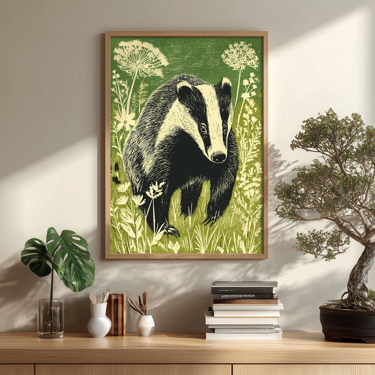 Badger Poster, Woodland Animal Art Print, Botanical Nature Illustration