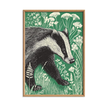Badger Art Print | Woodland Poster | Green Wall Art | Nature Decor