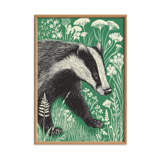Badger Art Print | Woodland Poster | Green Wall Art | Nature Decor