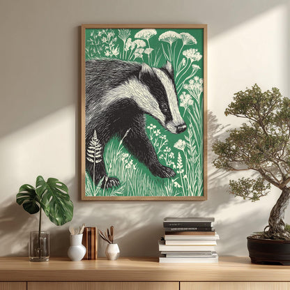 Badger Art Print | Woodland Poster | Green Wall Art | Nature Decor
