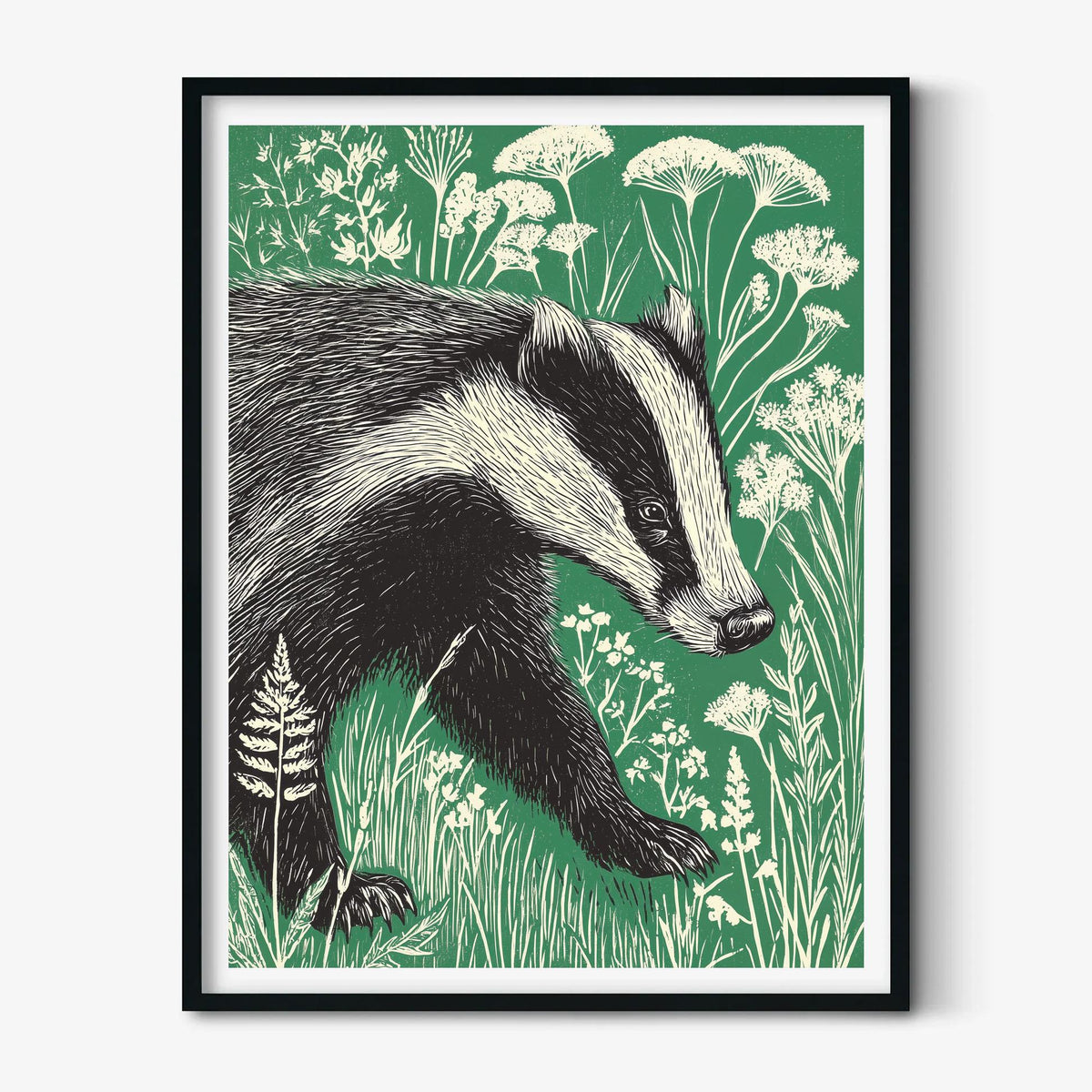 Badger Art Print | Woodland Poster | Green Wall Art | Nature Decor