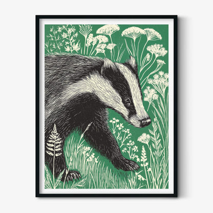 Badger Art Print | Woodland Poster | Green Wall Art | Nature Decor