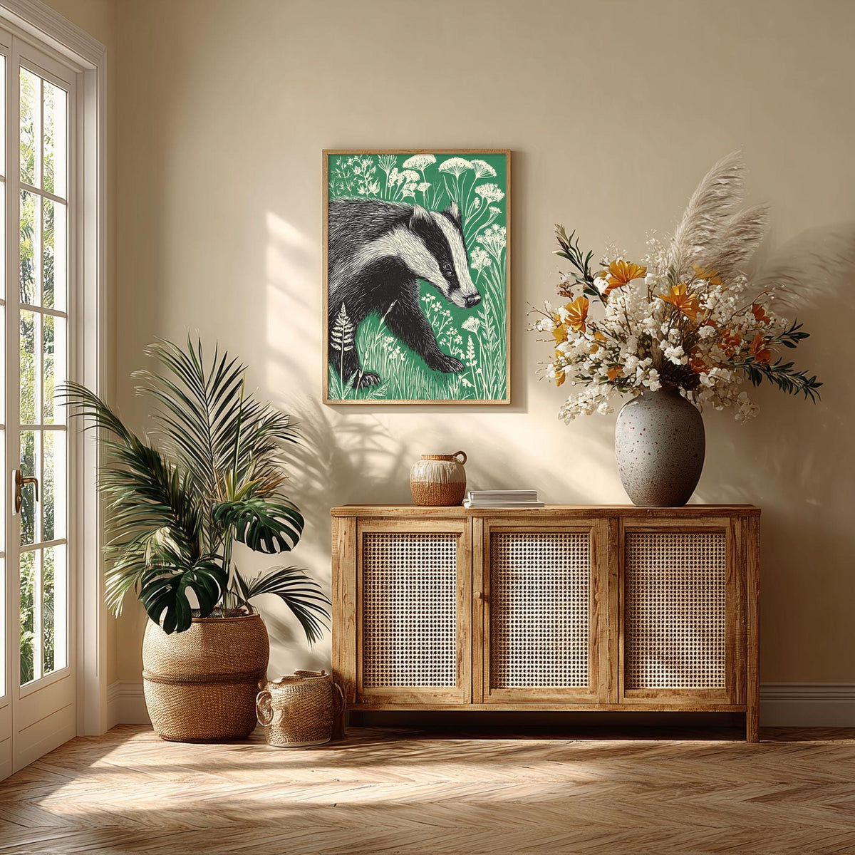 Badger Art Print | Woodland Poster | Green Wall Art | Nature Decor