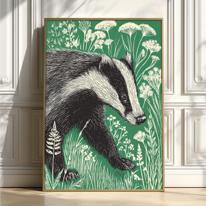 Badger Art Print | Woodland Poster | Green Wall Art | Nature Decor