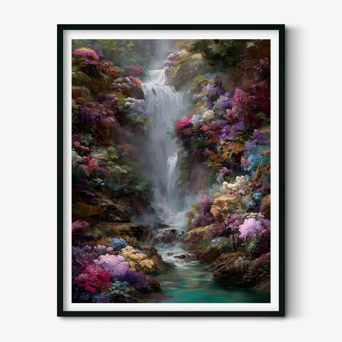 Floral Waterfall Poster | Colourful Landscape Art Print | Botanical Wall Art | Nature Decor