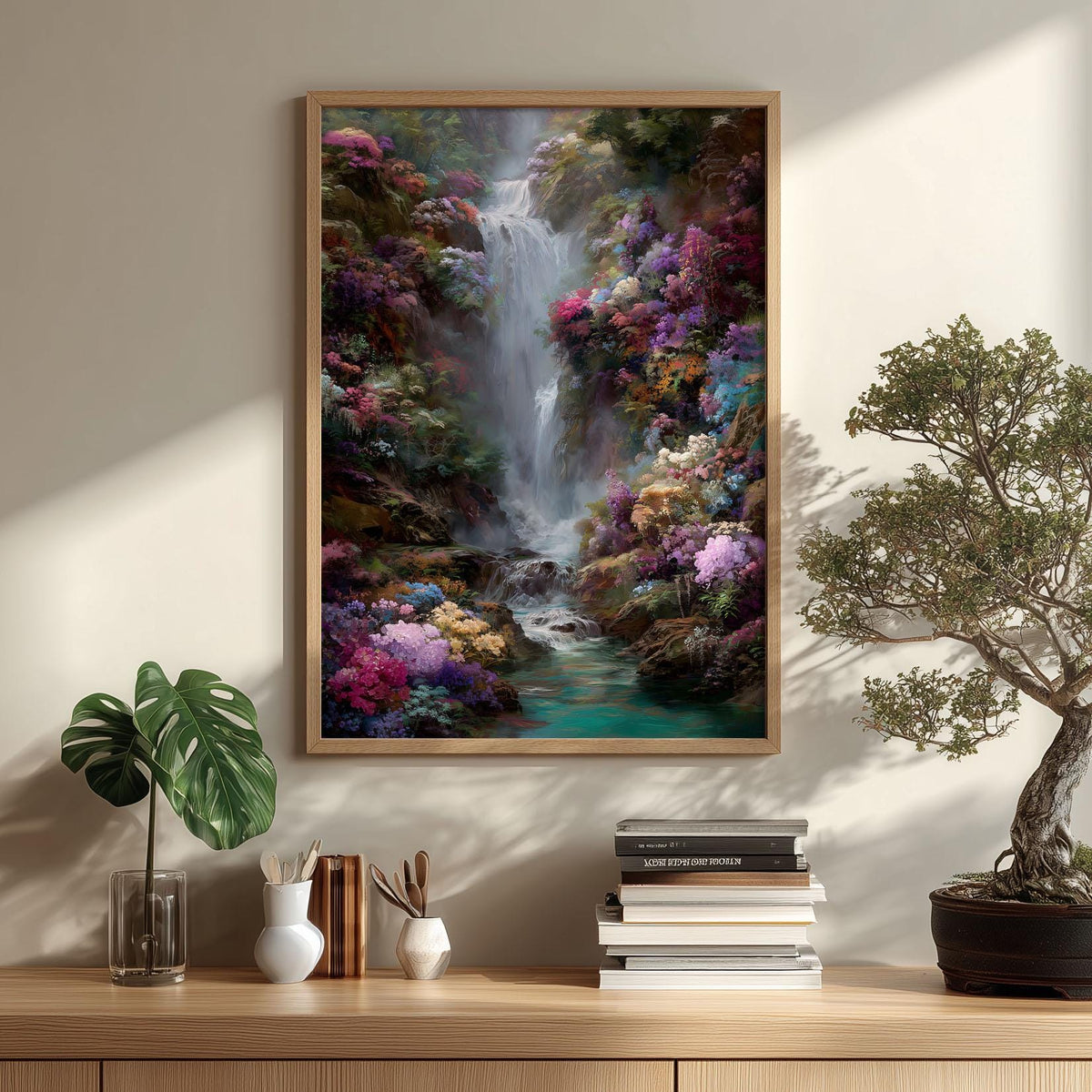 Floral Waterfall Poster | Colourful Landscape Art Print | Botanical Wall Art | Nature Decor