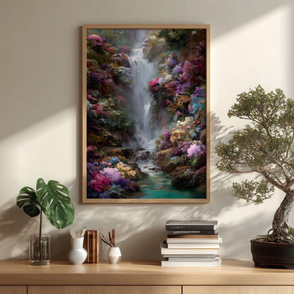 Floral Waterfall Poster | Colourful Landscape Art Print | Botanical Wall Art | Nature Decor