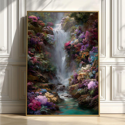 Floral Waterfall Poster | Colourful Landscape Art Print | Botanical Wall Art | Nature Decor