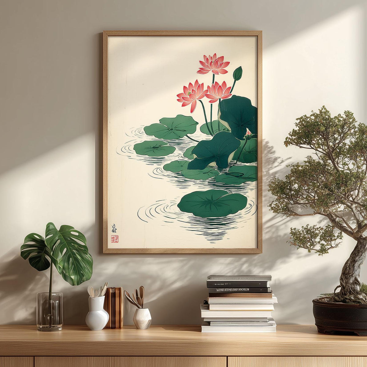 Lotus Flower Art Print, Japanese Botanical Poster, Pink Floral Wall Art, Zen Decor