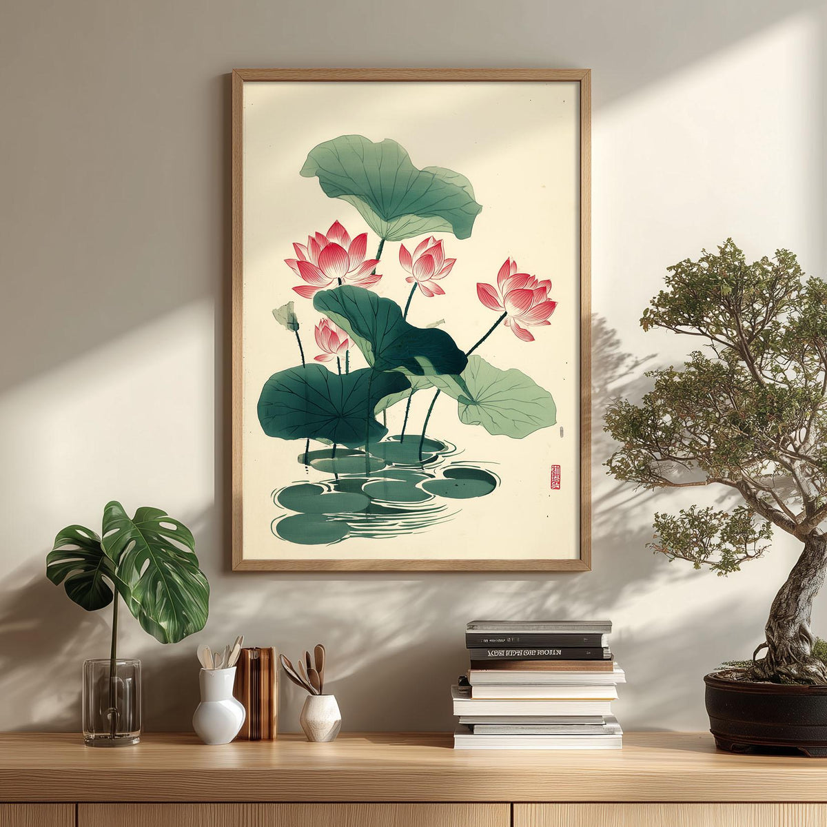 Pink Lotus Poster, Japanese Botanical Art Print, Floral Wall Art, Zen Home Decor