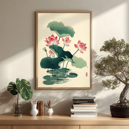 Pink Lotus Poster, Japanese Botanical Art Print, Floral Wall Art, Zen Home Decor