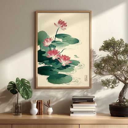 Pink Lotus Wall Art | Japanese Botanical Poster | Floral Art Print | Zen Decor
