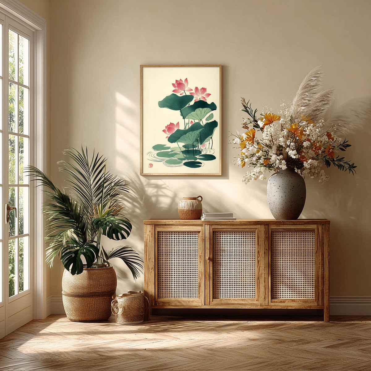 Lotus Flower Poster, Japanese Botanical Art Print, Floral Wall Art, Zen Bathroom Decor