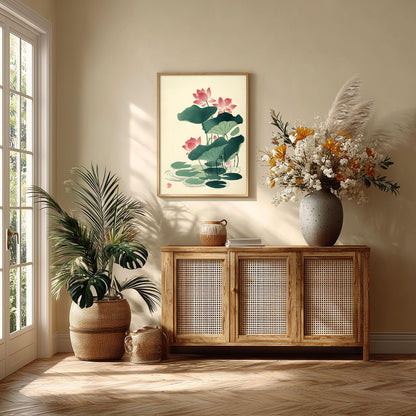 Lotus Flower Poster, Japanese Botanical Art Print, Floral Wall Art, Zen Bathroom Decor
