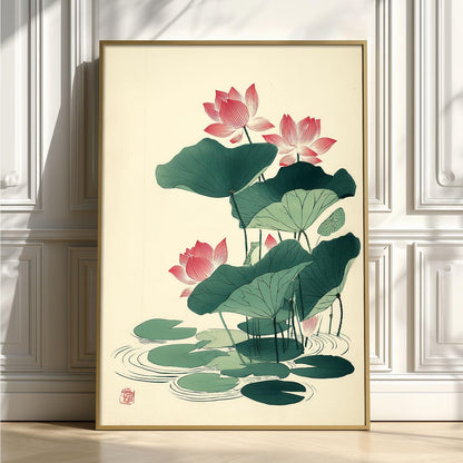 Lotus Flower Poster, Japanese Botanical Art Print, Floral Wall Art, Zen Bathroom Decor