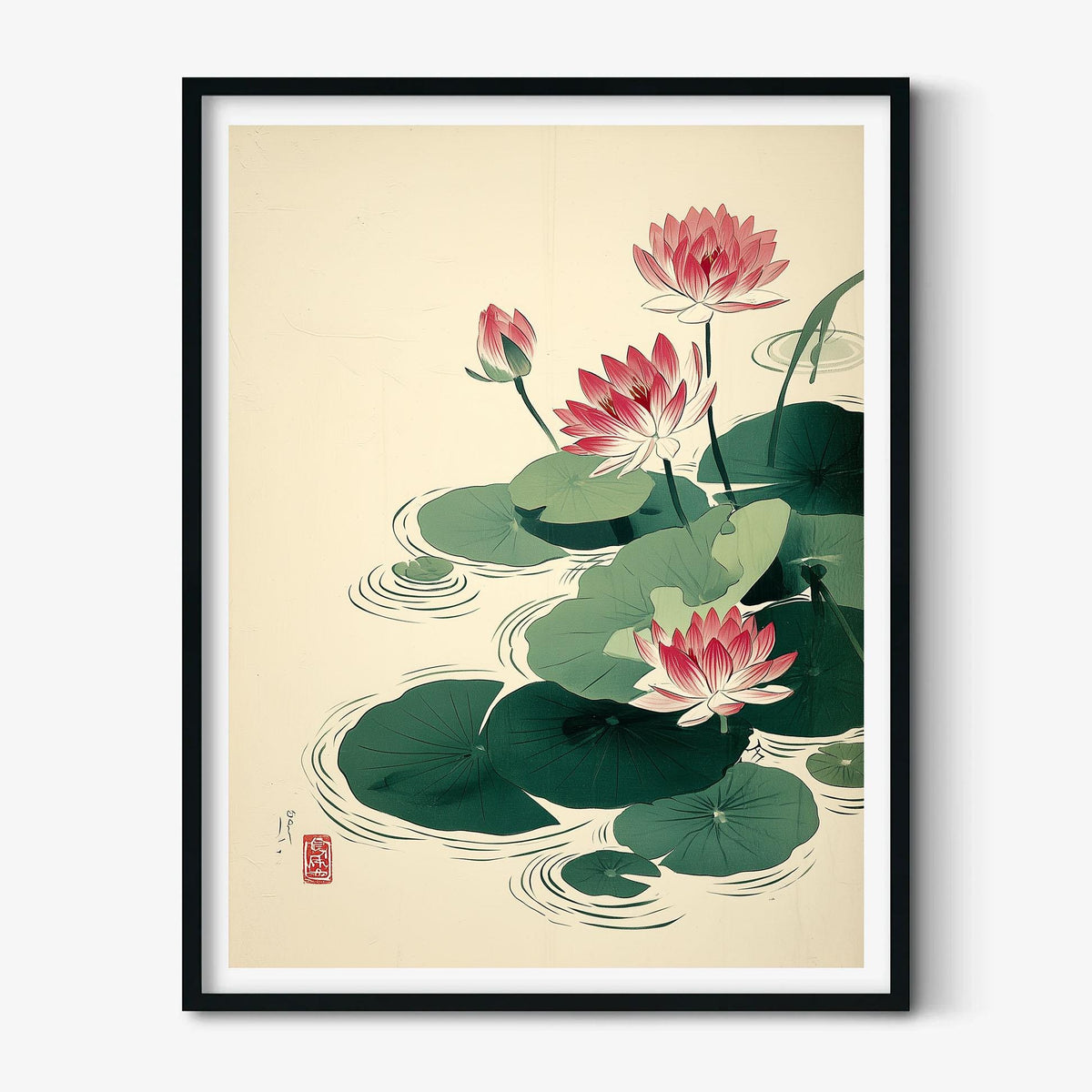 Pink Lotus Art Print, Japanese Botanical Poster, Floral Wall Art, Zen Bathroom Decor