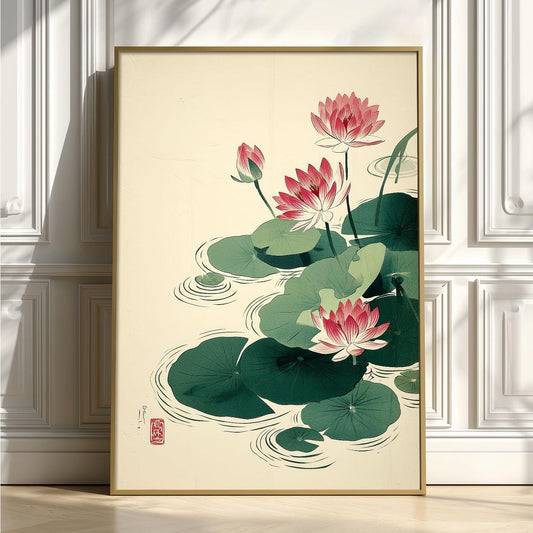 Pink Lotus Art Print, Japanese Botanical Poster, Floral Wall Art, Zen Bathroom Decor