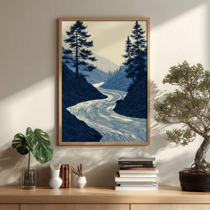 Winding River Art Print, Blue Forest Poster, Pine Tree Wall Art, Nature Decor