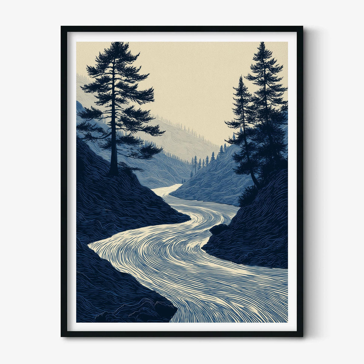 Winding River Art Print, Blue Forest Poster, Pine Tree Wall Art, Nature Decor