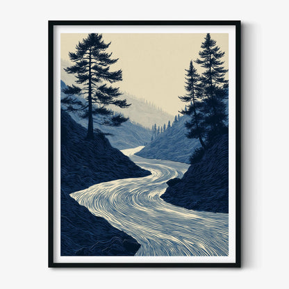 Winding River Art Print, Blue Forest Poster, Pine Tree Wall Art, Nature Decor