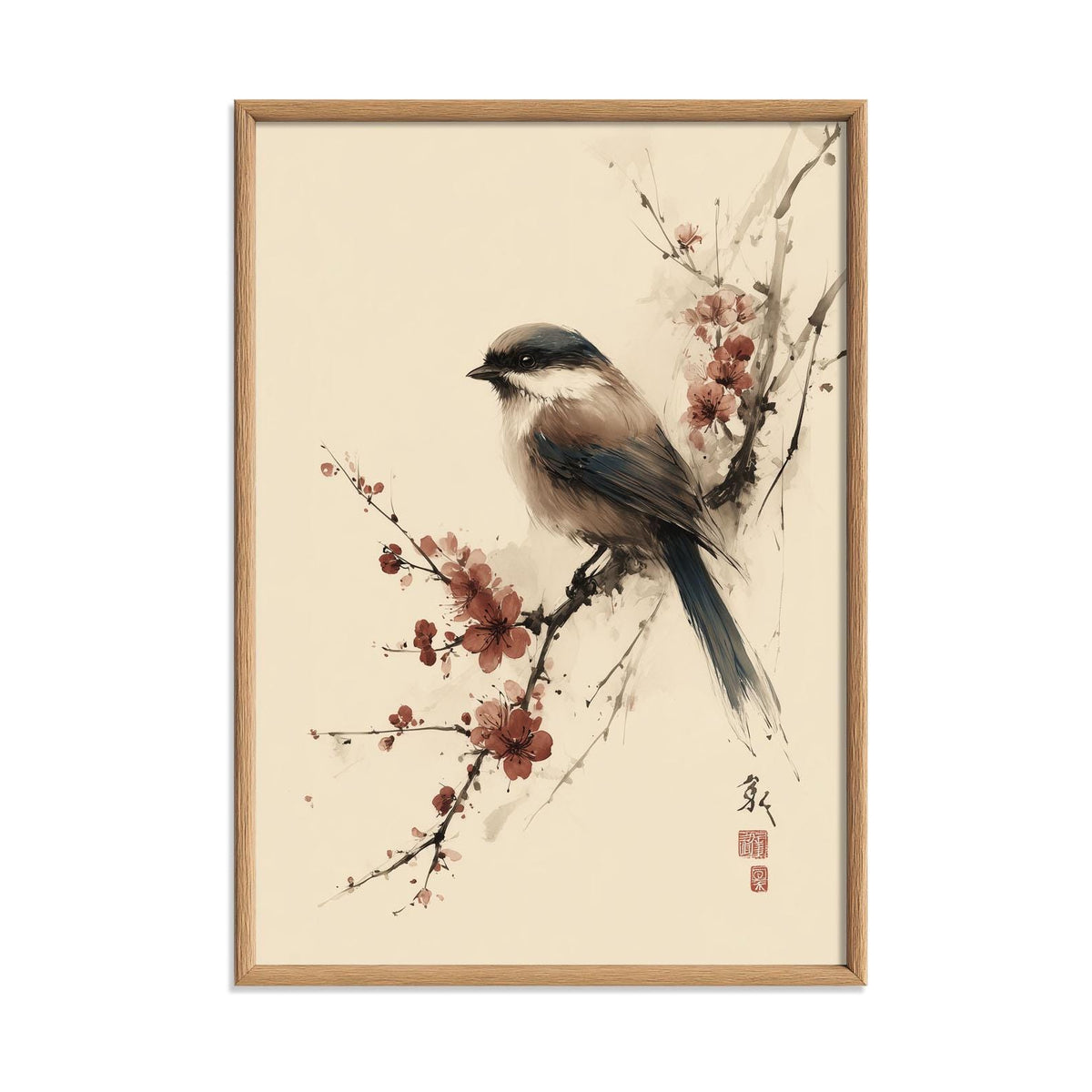 Japanese Bird Poster, Cherry Blossom Print, Floral Wall Art