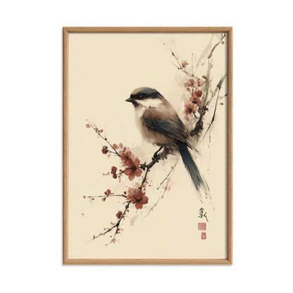 Japanese Bird Poster, Cherry Blossom Print, Floral Wall Art