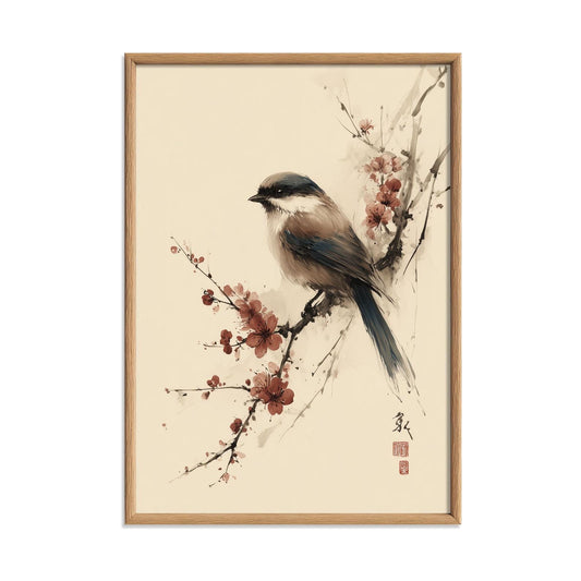 Japanese Bird Poster, Cherry Blossom Print, Floral Wall Art