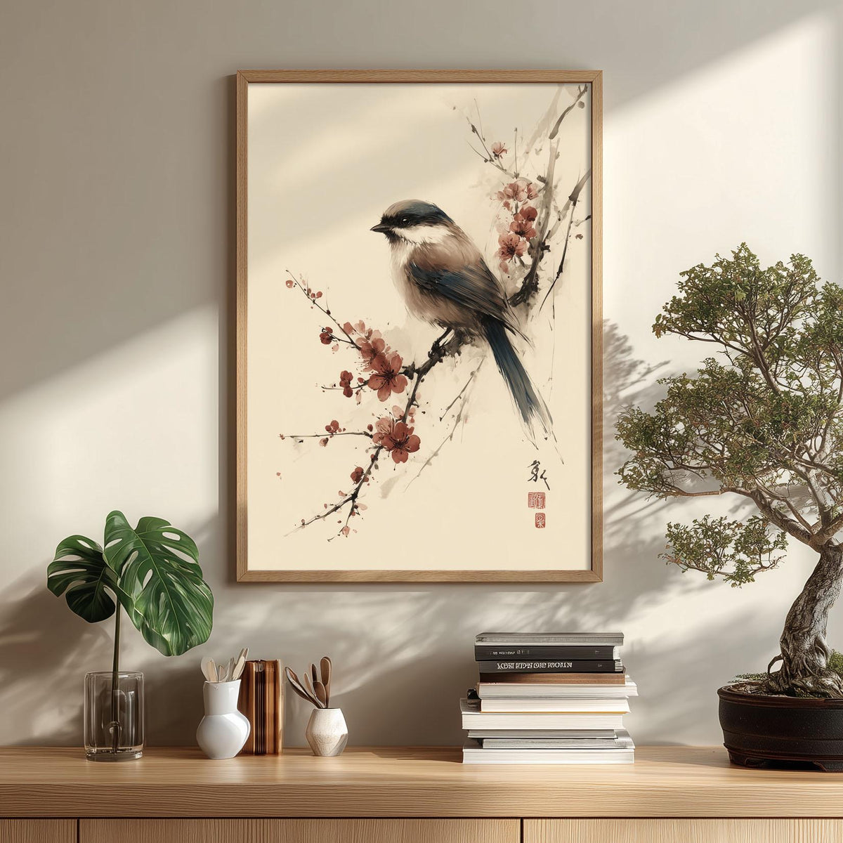 Japanese Bird Poster, Cherry Blossom Print, Floral Wall Art
