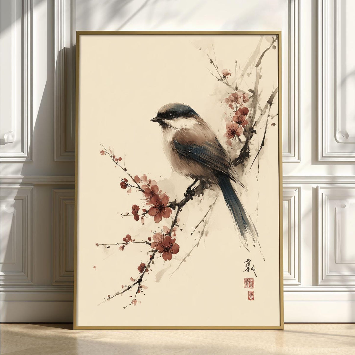Japanese Bird Poster, Cherry Blossom Print, Floral Wall Art