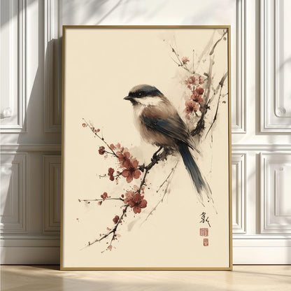 Japanese Bird Poster, Cherry Blossom Print, Floral Wall Art