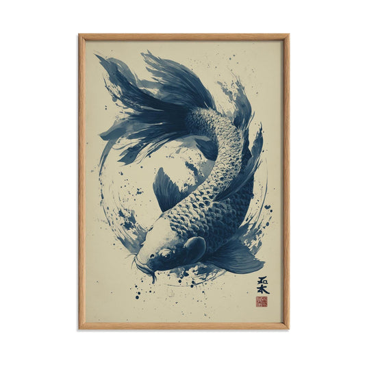 Koi Fish Art Print, Japanese Ink Painting, Blue Sumi E Wall Art