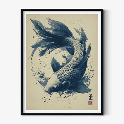 Koi Fish Art Print, Japanese Ink Painting, Blue Sumi E Wall Art