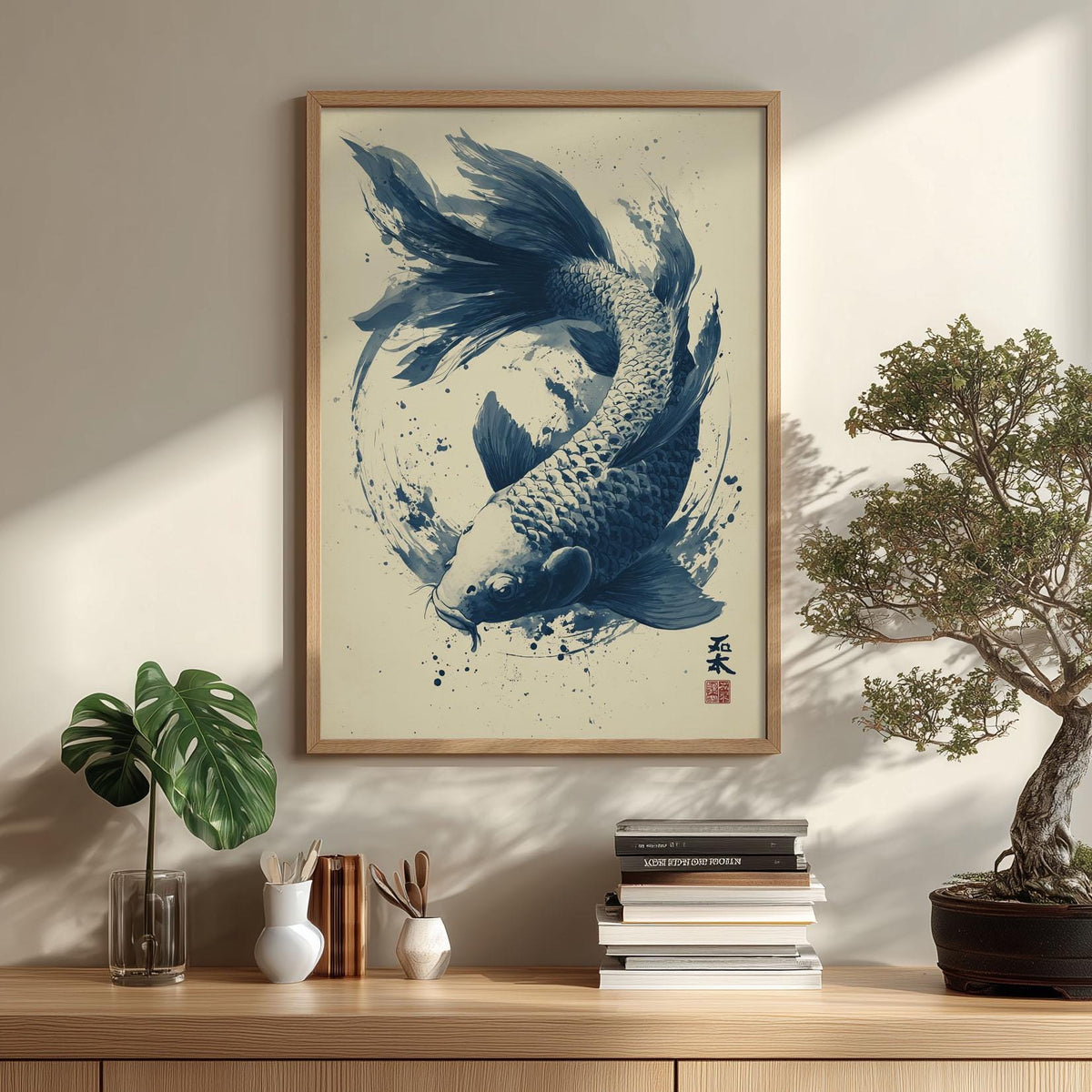 Koi Fish Art Print, Japanese Ink Painting, Blue Sumi E Wall Art